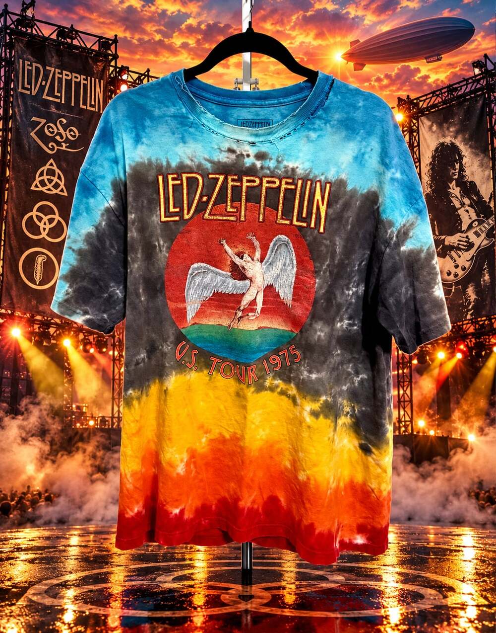 Led Zeppelin US Tour 1975 Icarus Tie Dye T-Shirt Distressed Vintage Look Rock